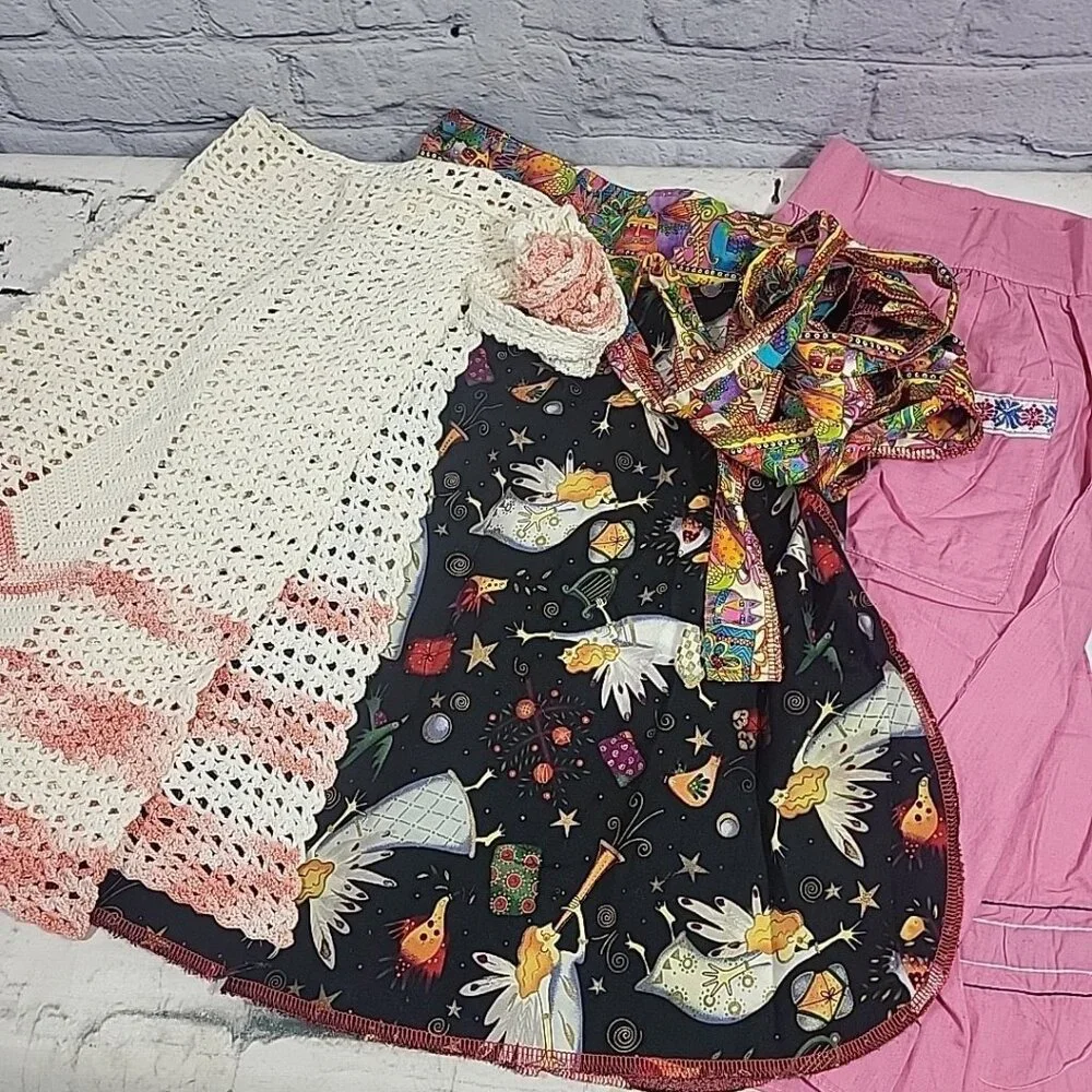 Vintage Half Aprons Lot Of 3 Handmade Crochet Pink Baking Crafting Retro